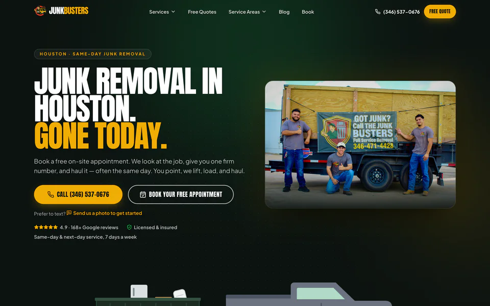 Junk Busters Houston homepage on desktop