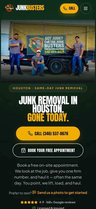 Junk Busters Houston homepage on a phone